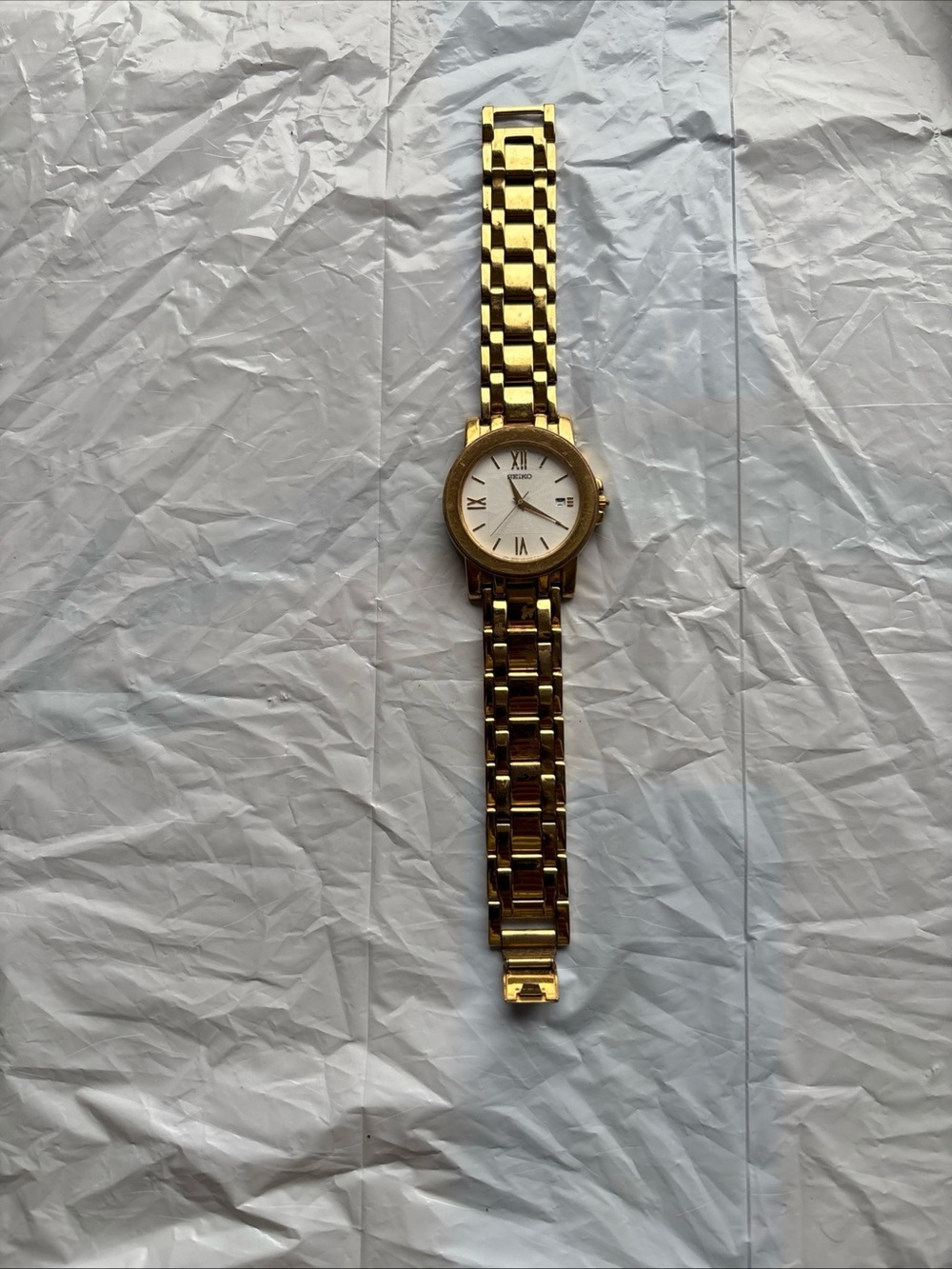 Seiko Gold Tone Men's Bracelet Watch with White Dial Roman Numerals-V32-0K30-